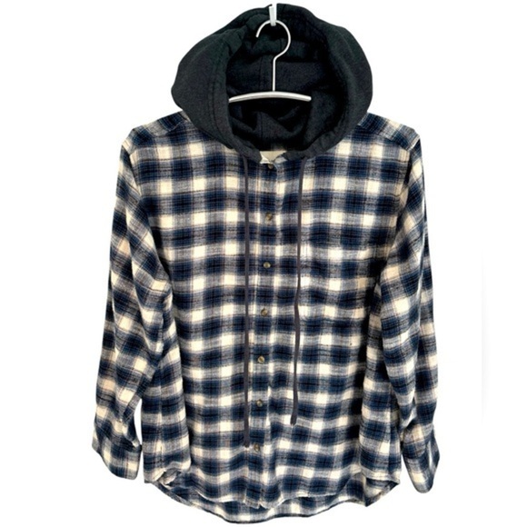 AMERICAN EAGLE PLAID FLANNEL HOODED BUTTON LONG SLEEVE SHIRT, SIZE L - Picture 1 of 9